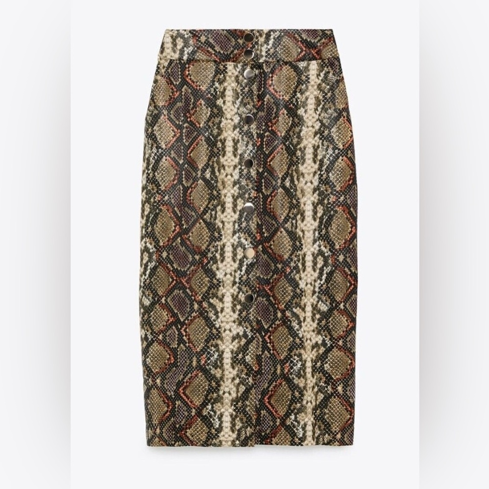 NWT Zara High Waist Snakeskin Print Skirt Orange Brown Midi Size S Office Baddie - Picture 5 of 10